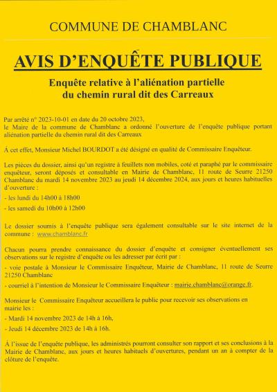 Avis Enquête Publique / COMMUNE DE CHAMBLANC